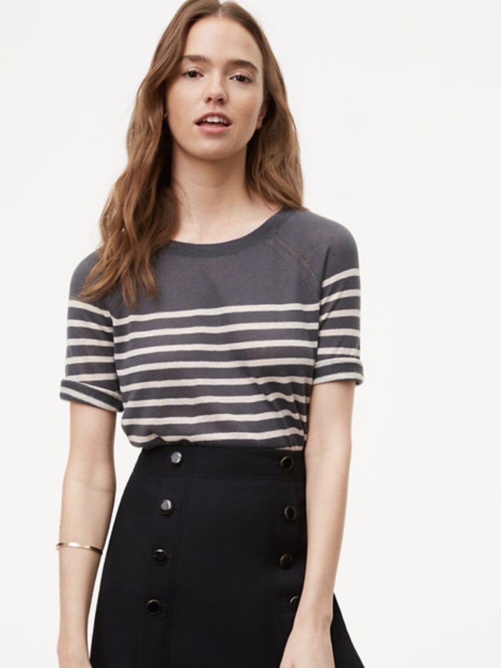 NEW NWT Loft Petite Striped Short Sleeve Sweater Color: Coastal Grey